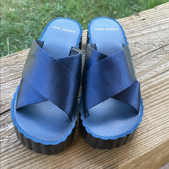 Tory Burch Navy Platform Slide Sandals Criss Cross Straps Womens 9M EUC - Picture 5 of 14